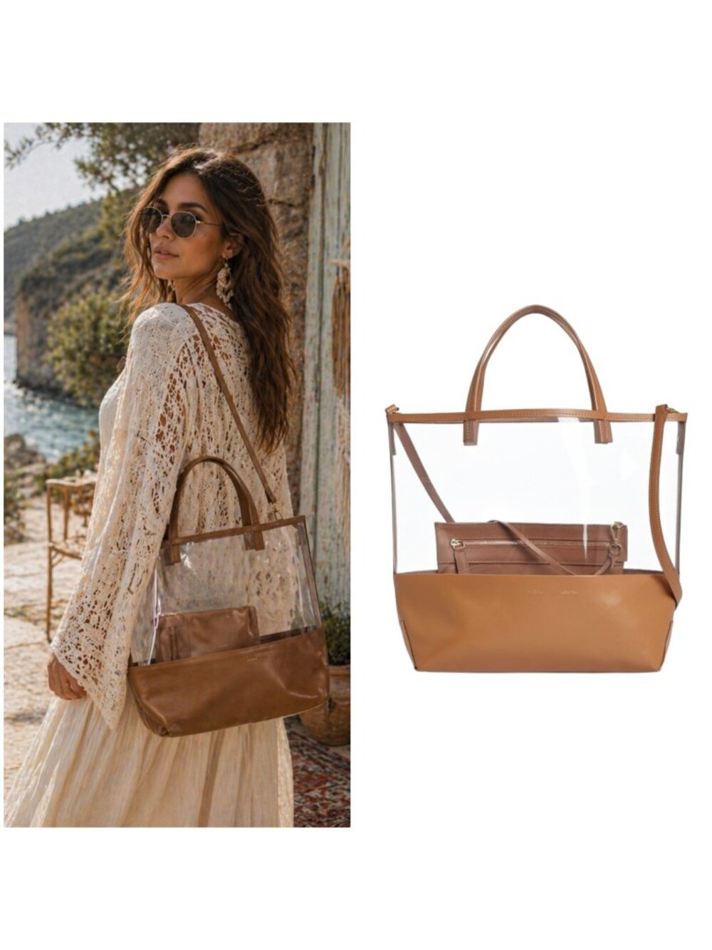 Alice+D Milano Clear Tote Bag Brown Leather Trim Transparent PVC Medium Shoulder